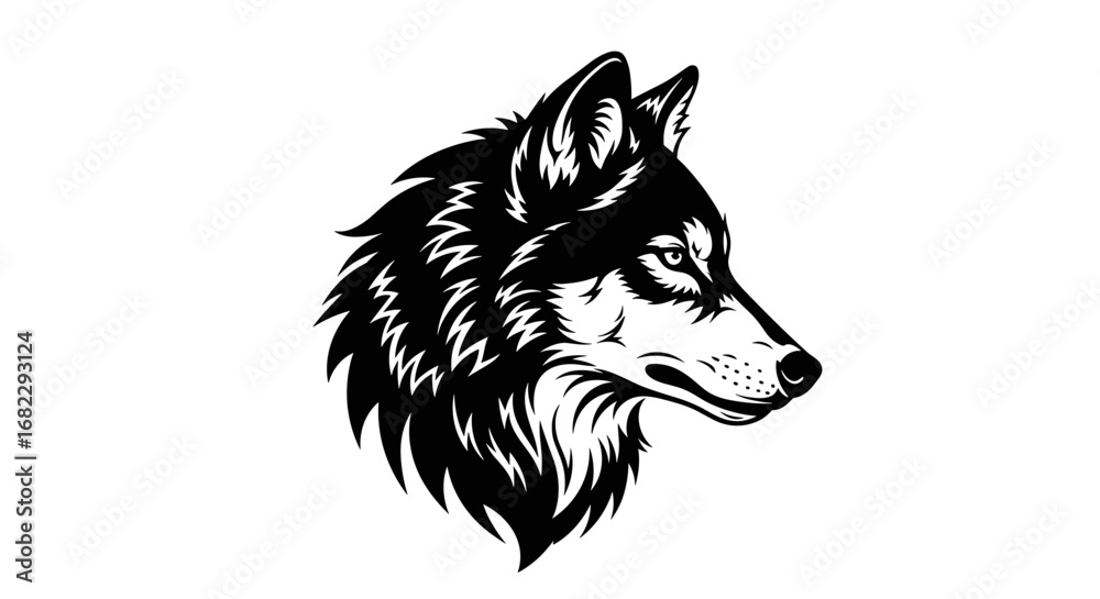 Naklejka premium A fierce black wolf head silhouette detailed artistic illustration against a clean white background symbolizing strength and nature