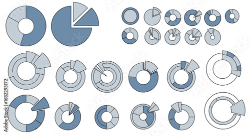 Collection of modern doughnut charts and exploded pie charts for data visualization purposes