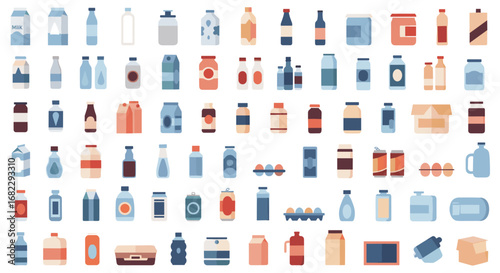 Collection of various food and beverage packaging containers used for storing and preserving goods safely