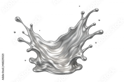 Metallic mercury droplet forming liquid crown pattern, splashing dramatically with reflective silver surface against clear backdrop