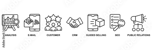 Inbound marketing icon set vector illustration concept for analysis, email, customer, crm, guided selling, seo and public relations