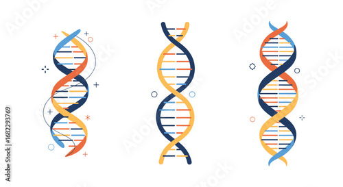 Colorful dna double helix structures illustrating genetics molecular biology biochemistry health science and research concepts