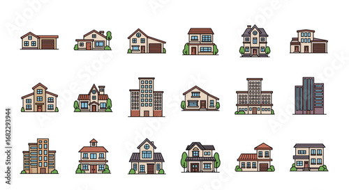 Collection of diverse pixel art residential and commercial buildings for game development and design projects