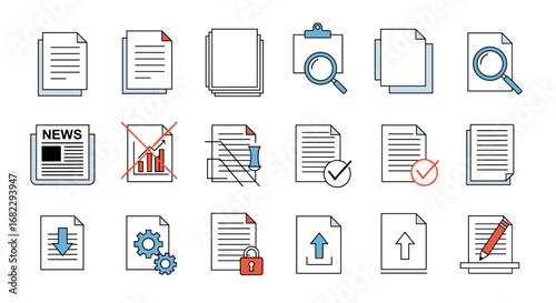 Collection of document icons representing various operations and information types including data analysis and file management