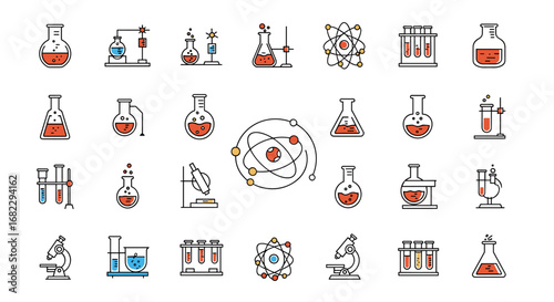 Illustrating scientific research discoveries through chemical laboratory equipment and molecular structures