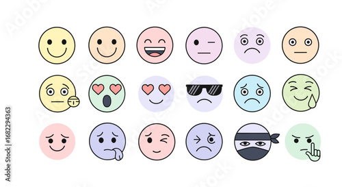A diverse collection of expressive emoticons displaying a wide range of human emotions and feelings