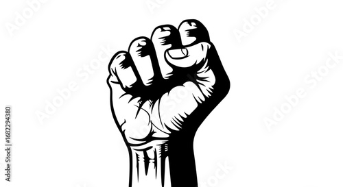 Symbolic representation of a clenched fist raised high representing defiance resistance power and solidarity in black and white