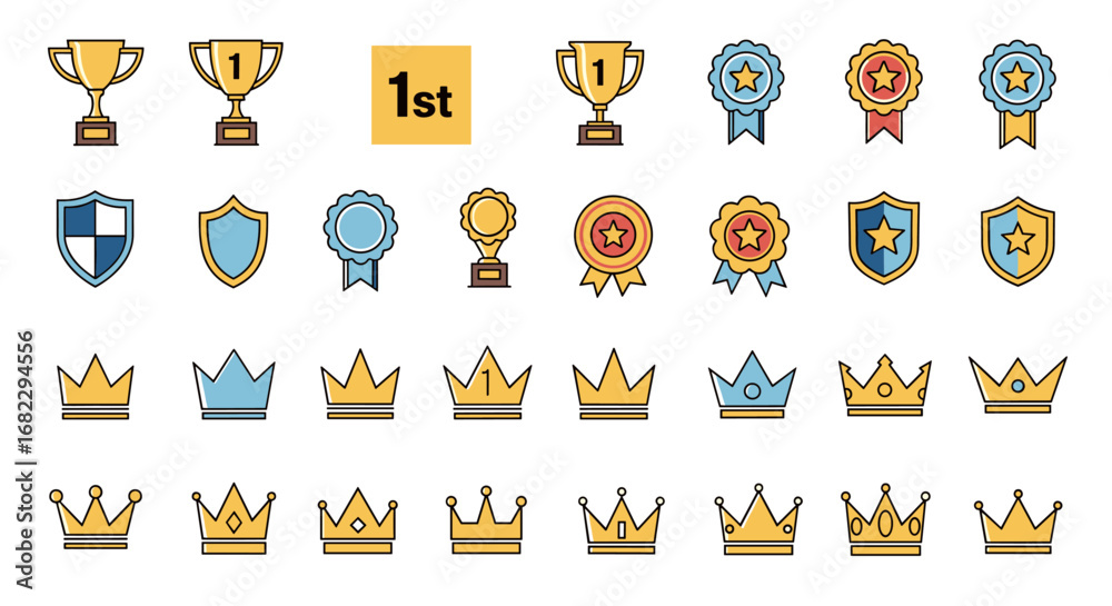 Fototapeta premium Collection of champion trophies ribbons badges and crowns representing victory and achievement