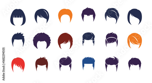 Collection of stylish hair styles and cuts for men and women featuring various colors and designs