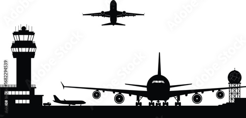 "Airport control tower with airplanes landing and taking off, aviation silhouette, airplane runway, air traffic control, airport operations"