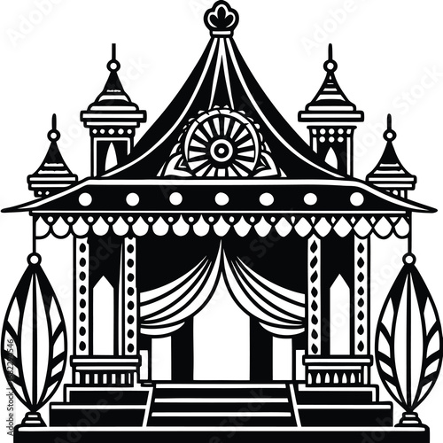A colorful vintage carnival poster design with a big circus tent and a festive flag against a sky