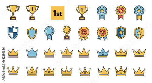Collection of champion trophies ribbons badges and crowns representing victory and achievement