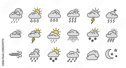 A comprehensive collection of weather icons depicting various meteorological conditions and atmospheric phenomena