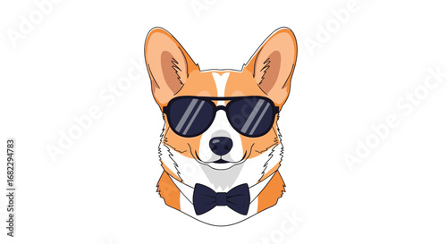 Stylish corgi dog wearing sunglasses and a bow tie exuding coolness and elegance