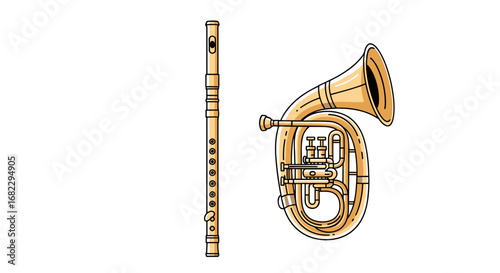 An illustration of a wooden flute and a brass marching horn on a white background
