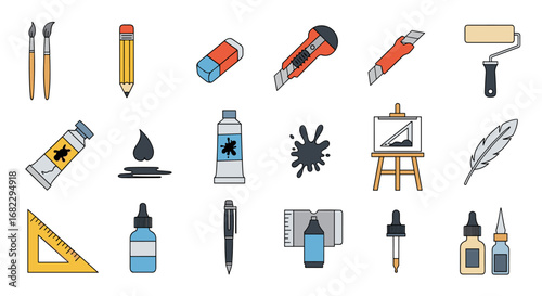 Collection of drawing and painting art supplies and tools for creative projects and hobbies