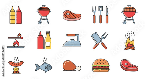 Collection of barbecue and grilling equipment and food items for outdoor cooking and parties