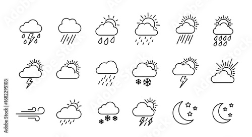 Collection of meteorological icons representing diverse weather conditions and atmospheric phenomena