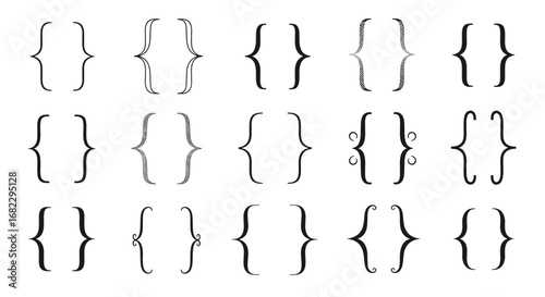A collection of decorative and ornate curly braces and brackets displayed in a grid pattern on a white background