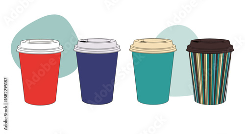 Collection of four stylish coffee cups with different colored lids and patterns perfect for takeaway beverages and daily commutes