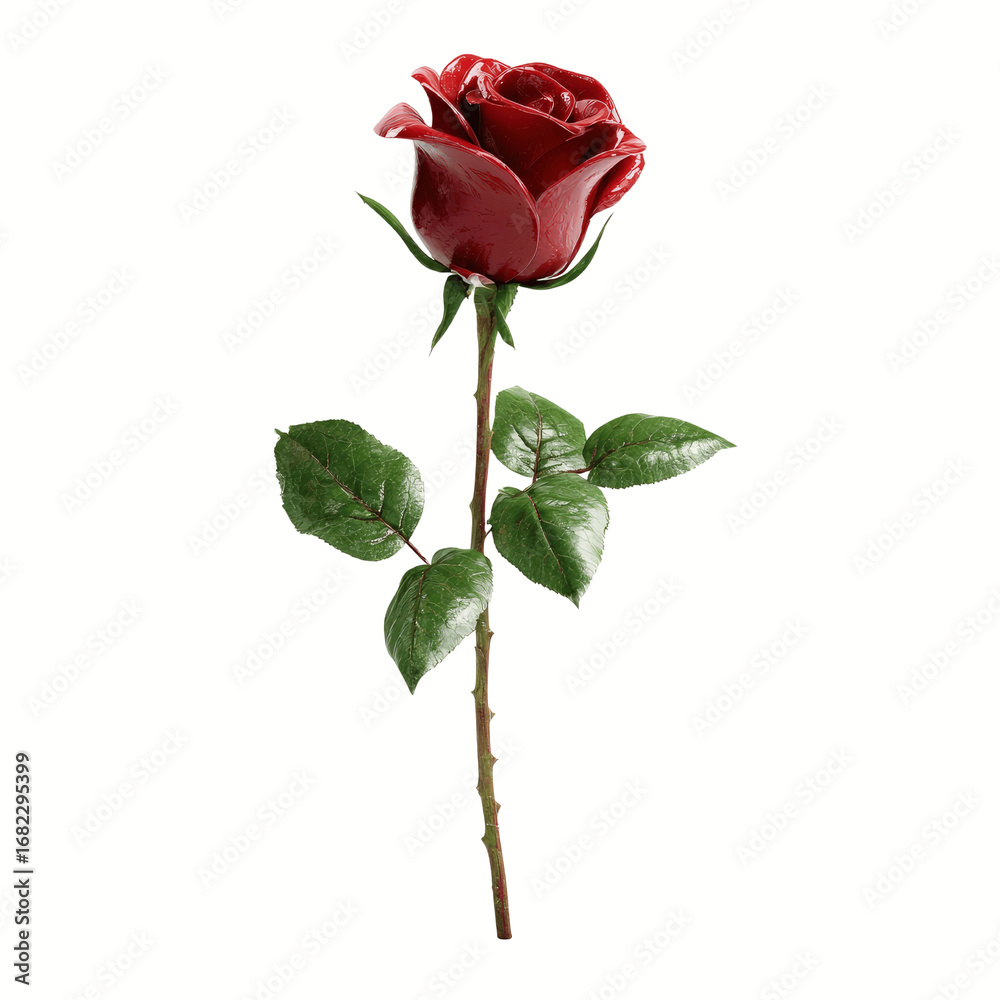 Obraz premium Single Red Rose with Green Leaves on Yellow