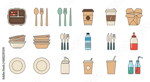 Collection of various food and drink related items for catering and takeout services
