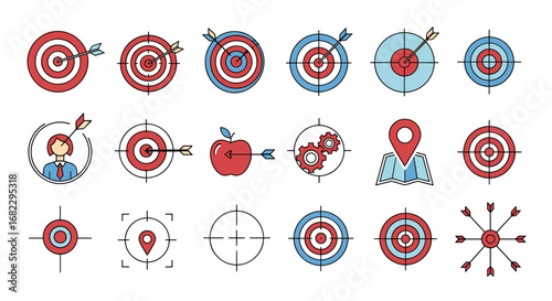 Visual representation of goal achievement and strategic business objectives with diverse targeting icons