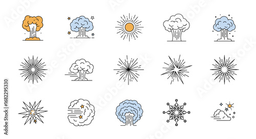 Collection of abstract symbols representing explosions clouds sunbursts and stars vector illustration