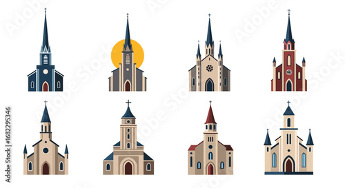 Collection of distinctive religious buildings showcasing diverse architectural styles and graceful spires