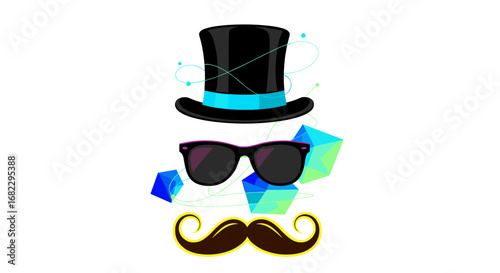 Abstract geometric gentleman portrait featuring top hat sunglasses and mustache design elements