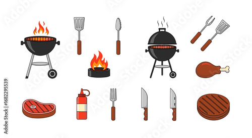 Collection of barbecue grill equipment and food items for outdoor cooking and grilling fun