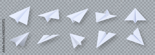 Set of origami paper airplanes. Realistic handmade planes in flat style design, isolated on transparent background. Perfect for school projects, travel themes, and creative decoration.