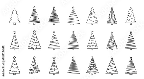 Collection of diverse hand drawn christmas tree illustrations ideal for festive graphic design projects