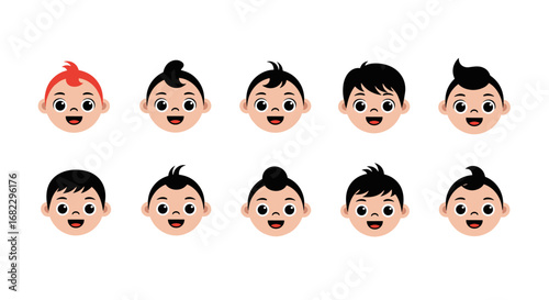 Collection of diverse cartoon baby faces with various hairstyles and expressions celebrating childhood innocence and joyful moments