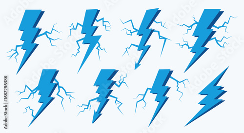 Collection of abstract blue lightning bolt icons with jagged cracks and energetic discharge effects for power and speed concepts
