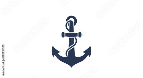 A simple dark blue nautical anchor symbol on a clean white background with a rope attached