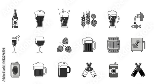 A diverse collection of pixel art illustrations depicting various alcoholic beverage styles and associated elements