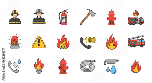Firefighter essential equipment and emergency response icons set for safety and firefighting operations