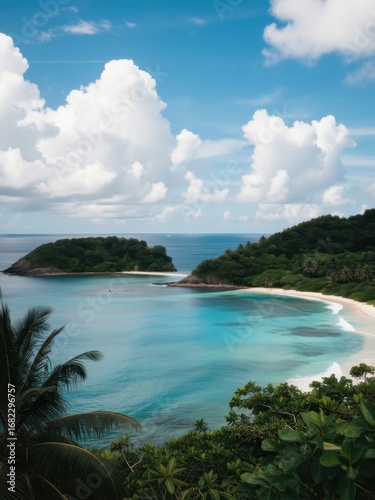 Relaxing beach scene tropical island landscape photography bright blue sky aerial view serenity and nature