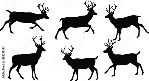 Deer silhouette set, stag animal vector, wildlife nature illustration, forest creatures, running and standing deer shapes, antlered deer icons