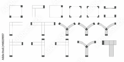 Collection of abstract geometric shapes and modular design elements with connections and corners
