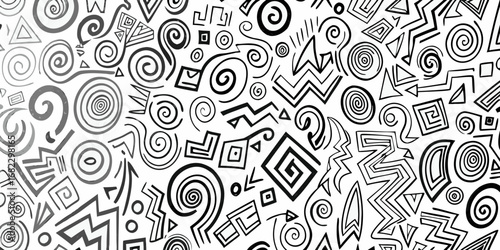 Abstract black and white geometric pattern with spirals zigzags squares and triangles