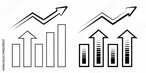 Two sets of stylized bar graphs with upward trending arrows indicating growth and progress