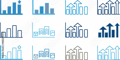 Collection of hand drawn bar chart icons with upward trending arrows and growth symbols in blue and gray colors