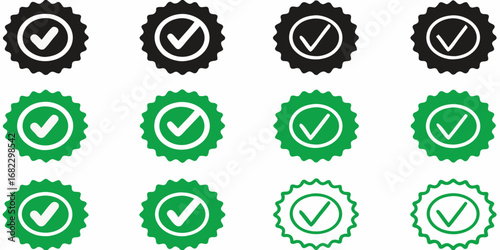 Collection of green and black checkmark badges with serrated edges indicating approval and verification
