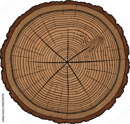 Detailed cross-section of a tree trunk revealing intricate growth rings, xylem, and phloem layers, perfect for educational or natural science projects