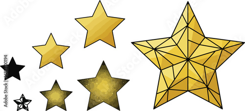 Shimmering golden stars of varying sizes and styles sparkle with festive magic, perfect for celebrations and award recognition