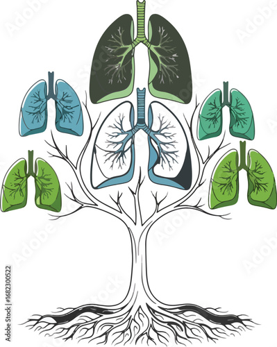 Symbolic lungs branching from a tree trunk with roots, representing respiratory health, life, and growth in a creative medical concept