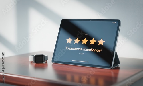 Tablet showing five-star review with smartwatch on a wood table
