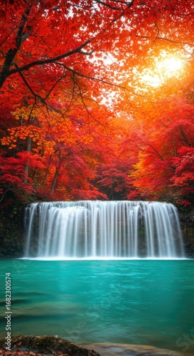 Majestic Waterfall Amidst Fiery Autumn Foliage and Sunbeams